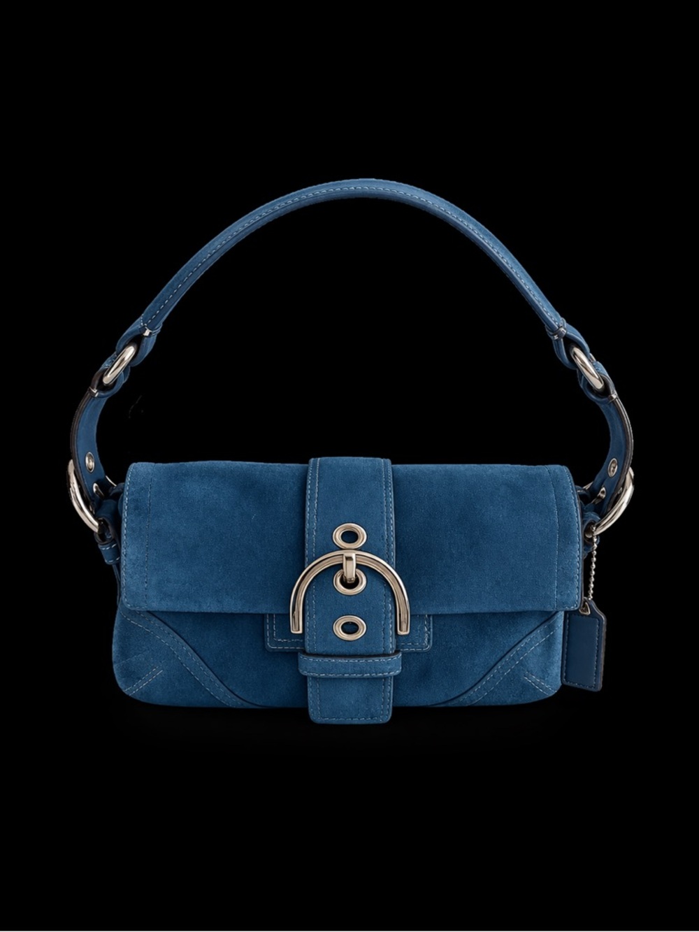 Rare Coach Soho Flap Saddle Bag in Blue Suede with Silver Hardware.  HO5S-8A18.